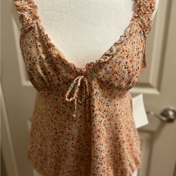 Floral Print Puff Sleeve Front Tie Ruffle Trim Babydoll Top - Picture 2 of 4